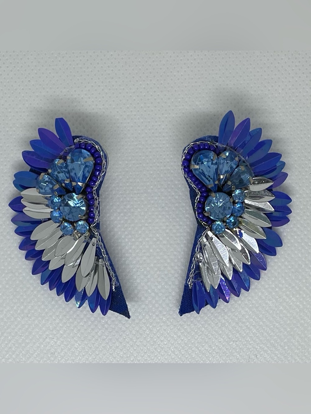 💙Blue Crystal & Sequin Statement Earrings | Glam Rhinestone Wing Earrings